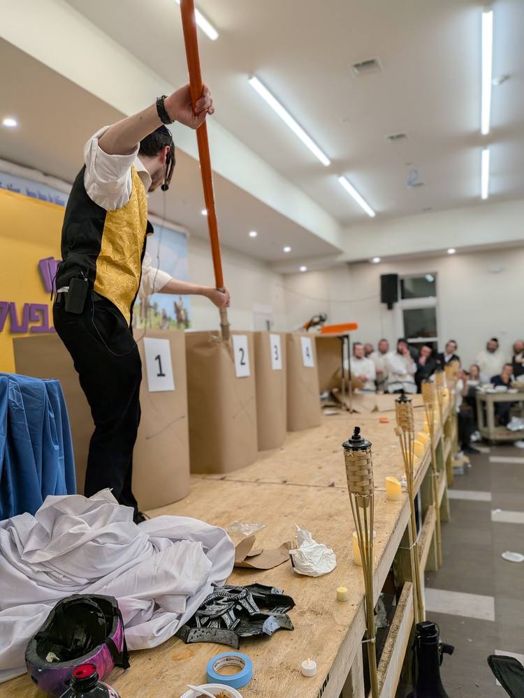 A stage stunt with a row of numbered boxes